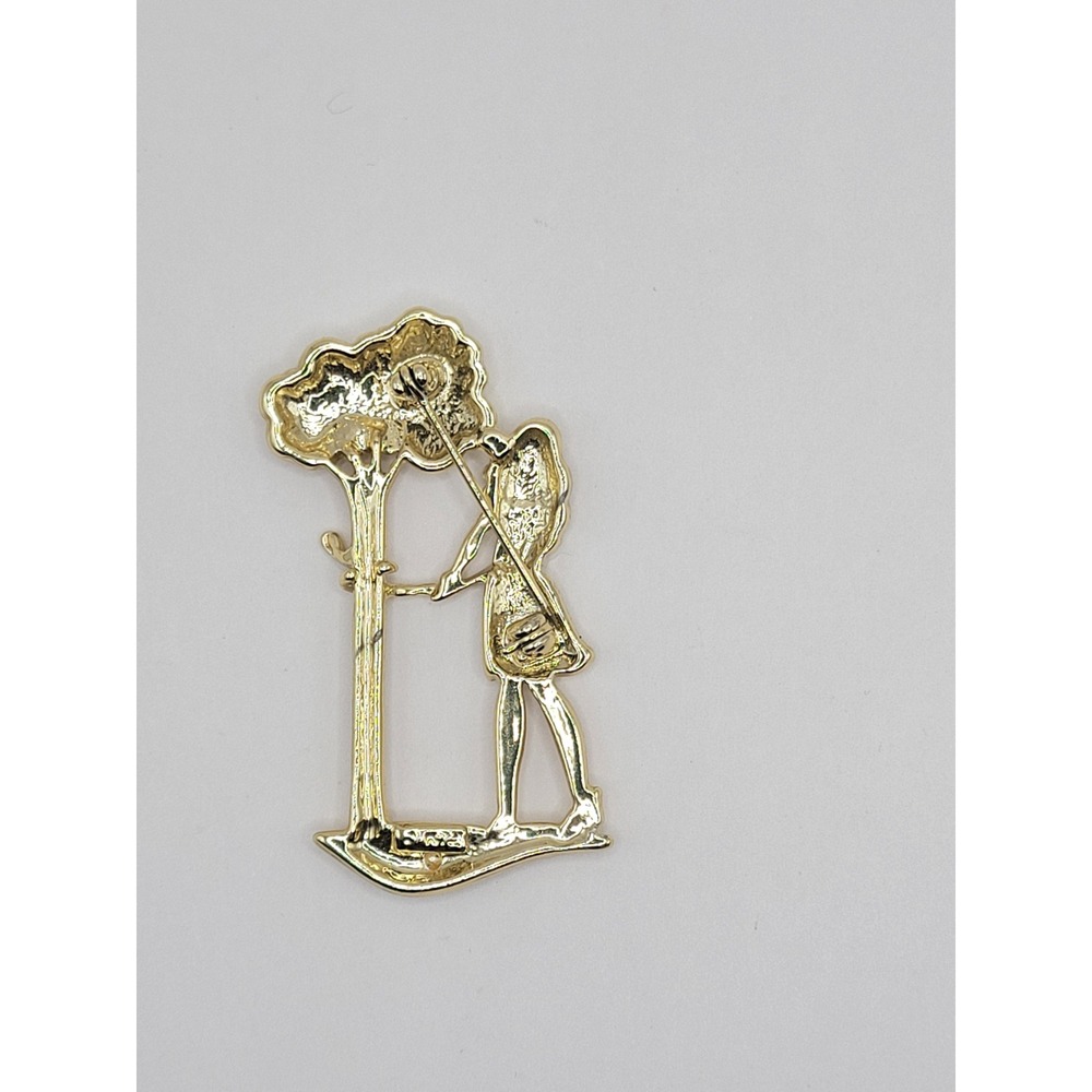 Vintage Gold Tone Girl by Tree‎ Figural Brooch Pin Whimsical Storybook Jewelry